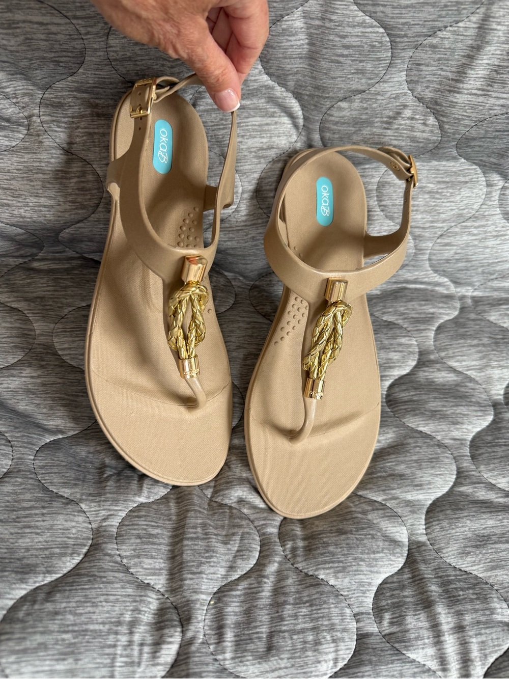 OKA b. Tan Braided Gold-Accent T-Strap Sandals